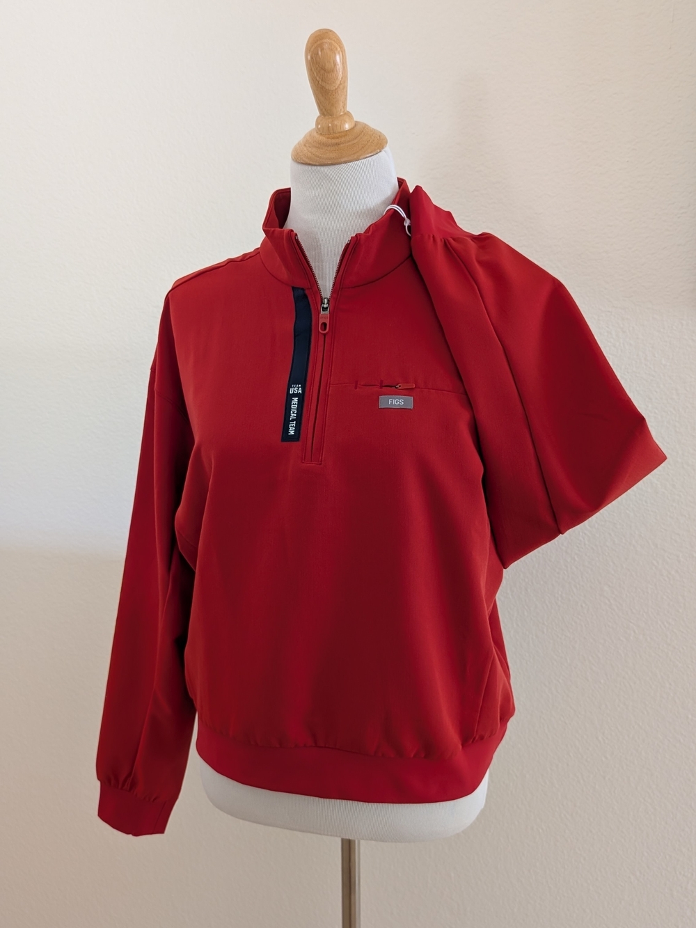 FIGS Red Half-Zip Pullover with Chest Pocket and Navy Trim